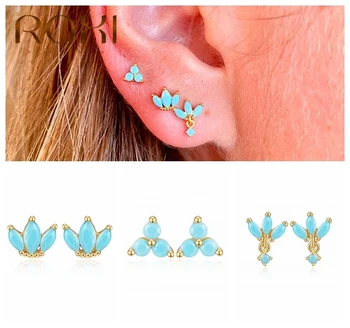 

ROXI Ins Blue Gemstones Crown Clover Geometry Stud Earrings for Women Girls Piercing Earrings 925 Sterling Silver Pendientes