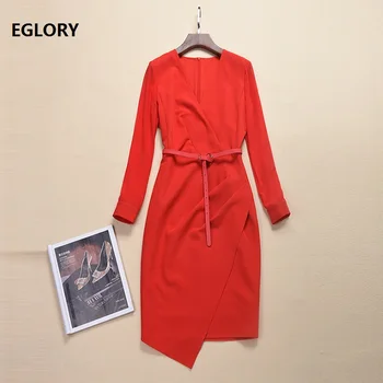 

Elegant Red Black Work Dress 2019 Autumn Office Ladies V-Neck Pleated Patchwork Long Sleeve Bodycon Sheath Knee Length Dress OL