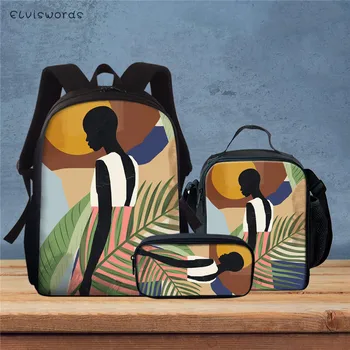 

ELVISWORDS Sketch African Women Print Schoolbags Multifunction Backpacks for Students Girls 3pcs/set School Bag 15Inch Bookbags