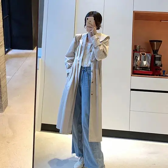 New Spring Autumn Women Simple trench coat Lapel Long Sleeve Belt Loose Designer Windbreaker Streetwear AE973