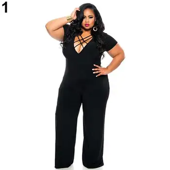 

Women Summer Sexy Cross Straps V-neck Elastic Solid Jumpsuit Plus Size Bodysuit
