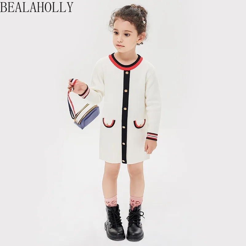 High-quality French Famous Girl's Knitted Dress Comfortable Round Collar Long Stripe Spring and Autumn Kids Dresses for Girls | Детская