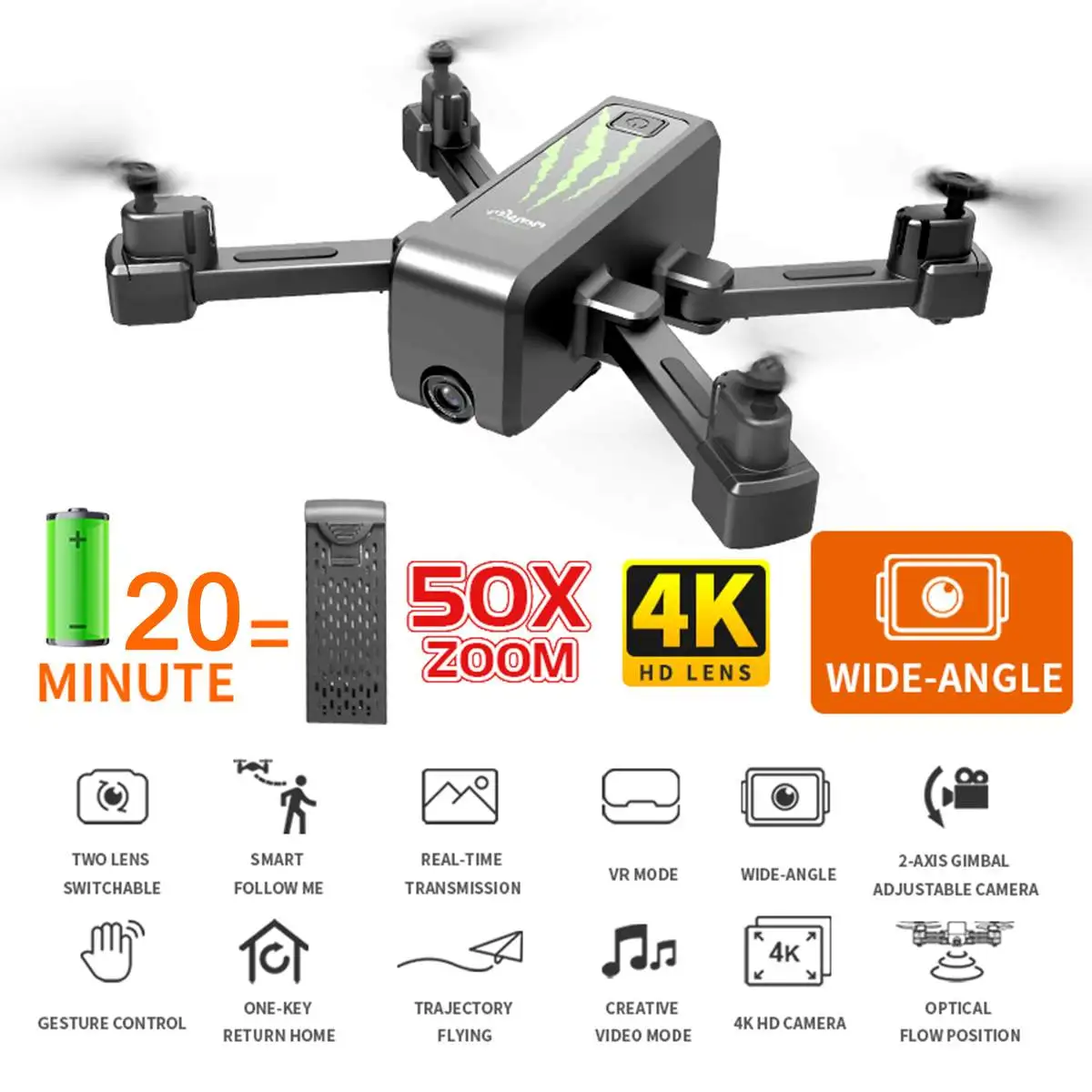 

4K HD Camera Foldable RC Drone Optical Flow Position 2-axis Gimbal Adjustable 20 Minutes Flying Time One Key Return Quadcopter