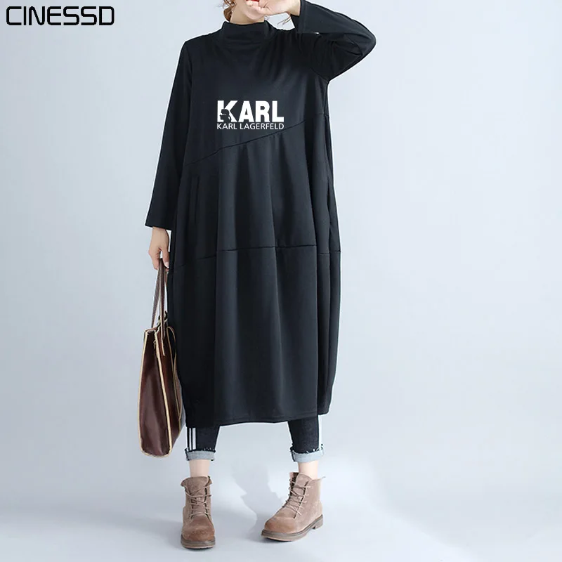 

2019 Autumn Women Dress Plus Size Vintage Karl Lagerfeld Printed Cotton Linen Lantern Dress Vestidos Loose Maxi Long Dresses New