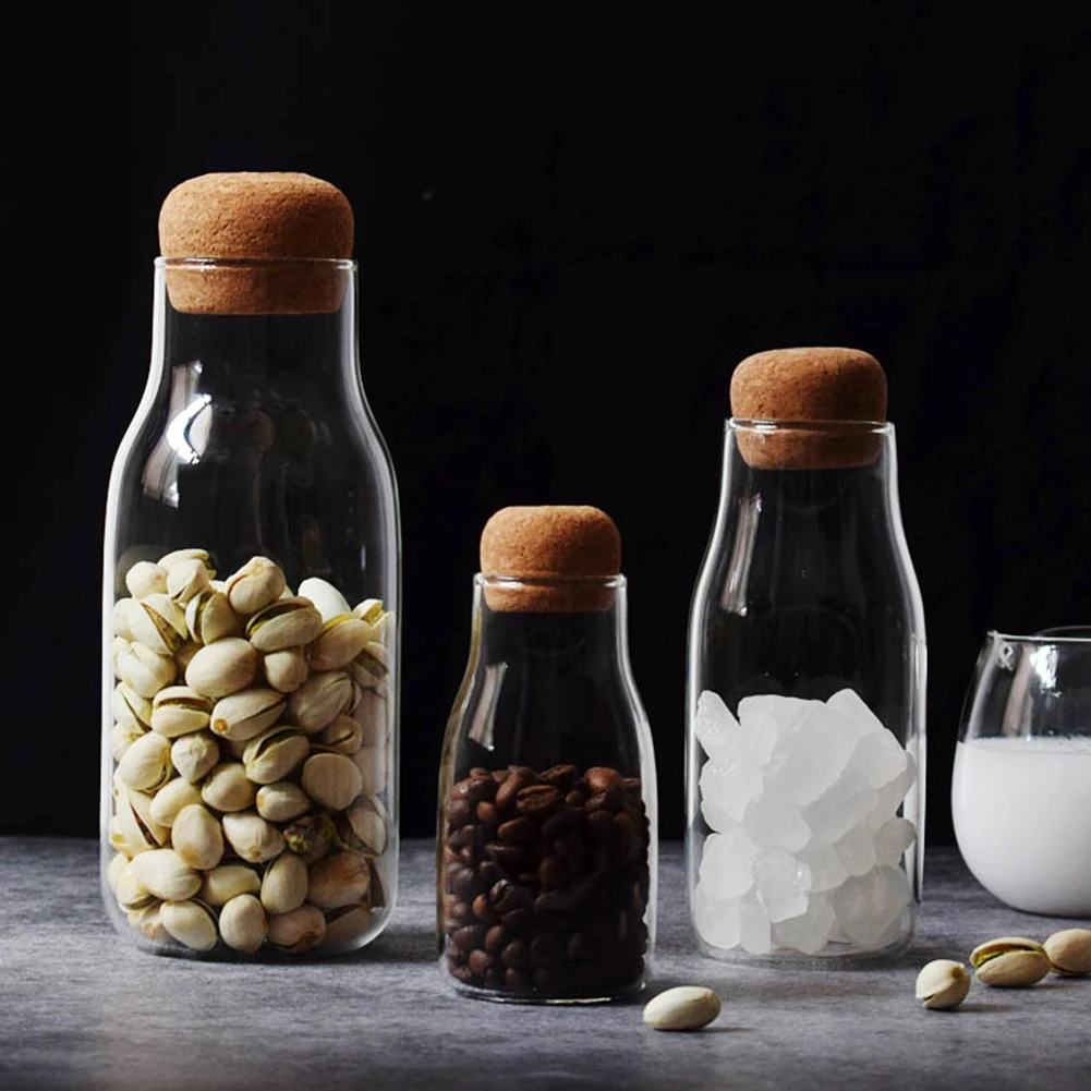150/300/700ml Storage Bottle Spices Sugar Tea Coffee Cork Stopper Glass Jar Can