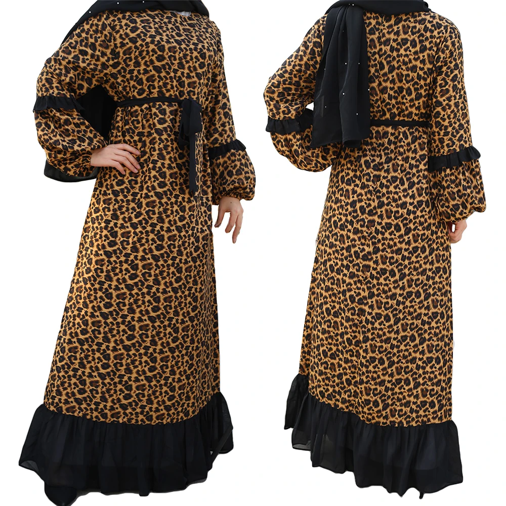 

Muslim Women Leopard Printed Long Sleeve Maxi Dress Ruffle Dubai Abaya Islamic Arab Gown Kaftan Cocktail Party Clothing Ramadan