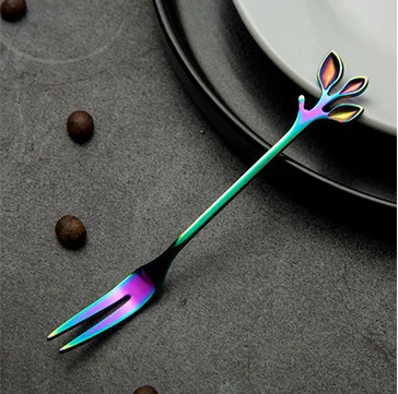 colorful Fork Ложка из нержавеющей стали, маленькая свежая ветка для перемешивания, кофейная ложка, лист, фруктовая вилка, подарок, титановая красочная посуда с покрытием - Цвет: colorful Fork