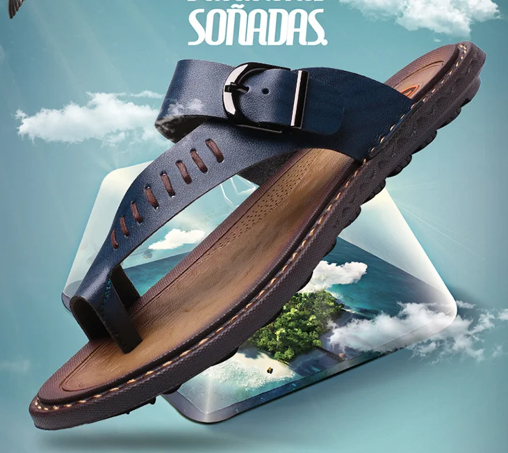 Man Microfiber Slippers Sequined Slides For Beach Summer Shoes with buckle Outdoor Footwear Tender Leather Plus Size 48 7 Khaki