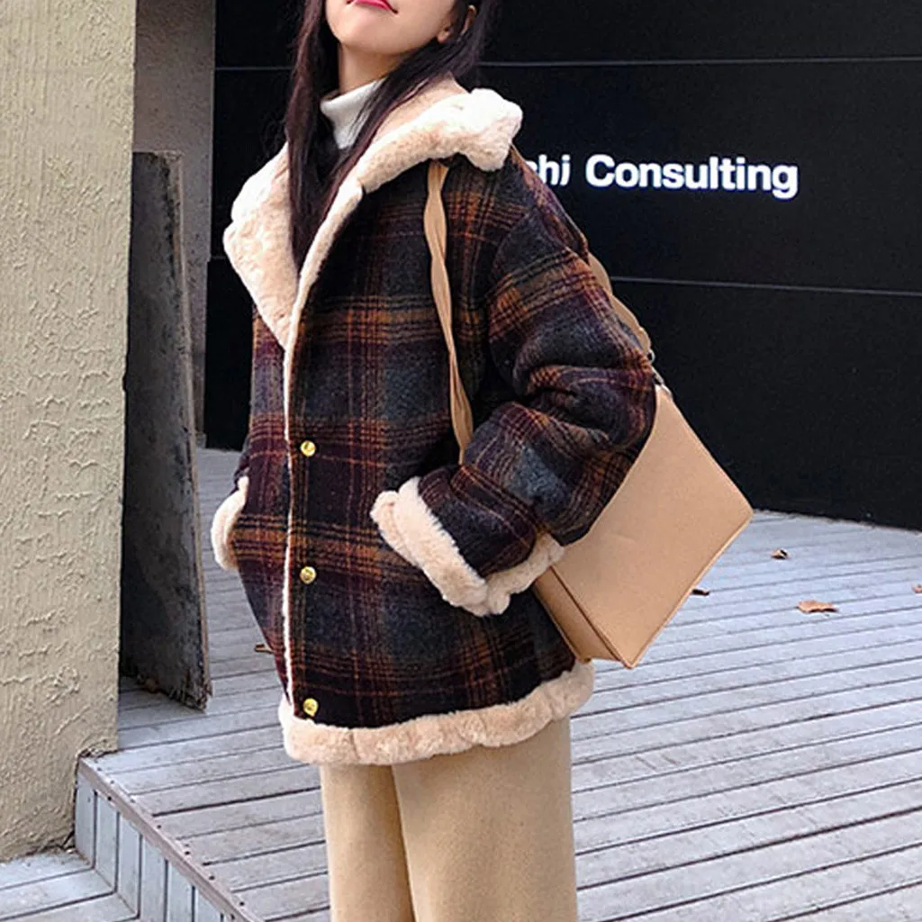 Womail Fashion теплая зимняя утепленная плюшевая куртка Для женщин женская клетчатая одежда со вставками, одежда для детей Верхняя одежда; Пальто Ретро Femme плюшевая куртка для девочек, пальто