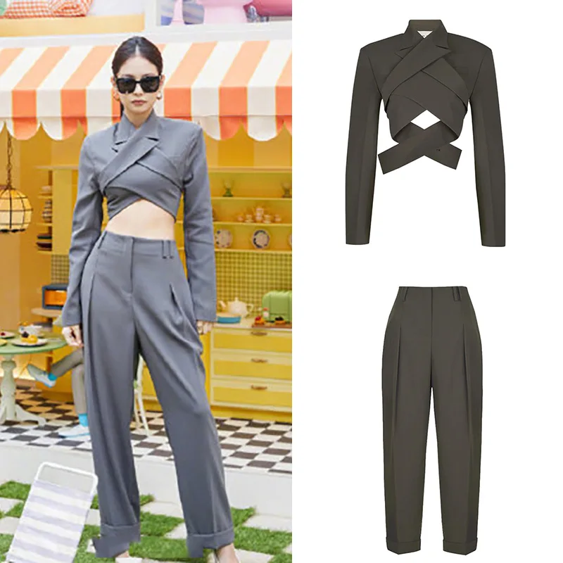 kpop Seo Yea Ji IU Lee Eun sexy backless long sleeved short t shirts tops+loose casual Straight pants women two piece outfits |