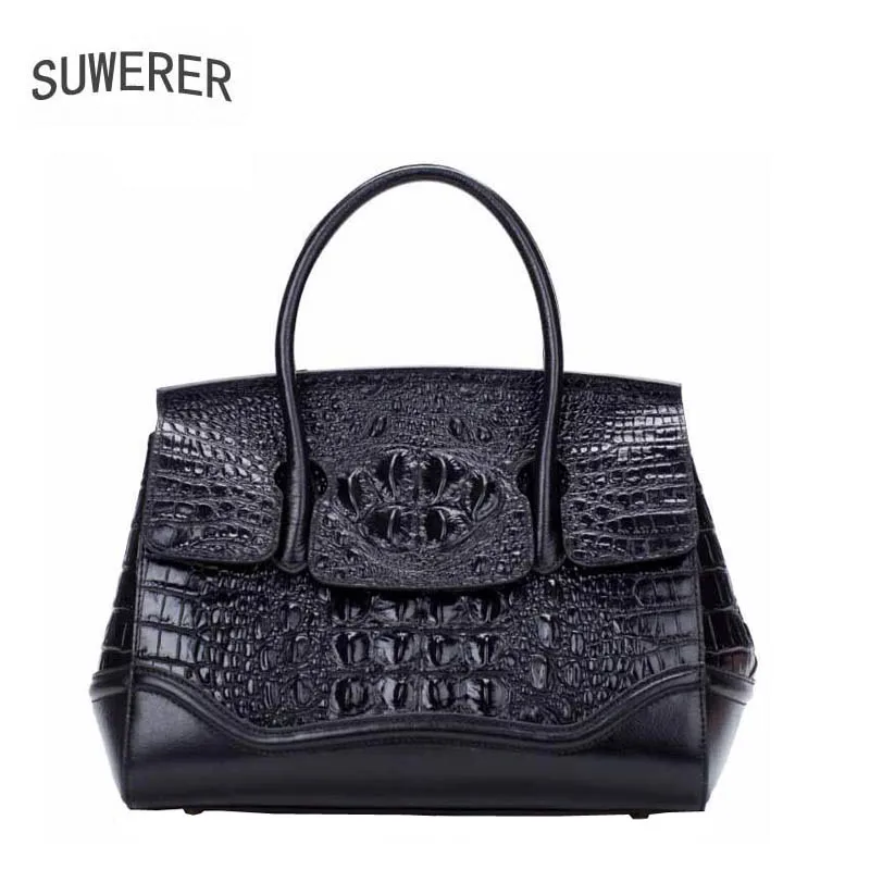 

SUWERER Super cowhide luxury handbags women bags designer women Genuine Leather bag Crocodile embossed leather bag fashion tote