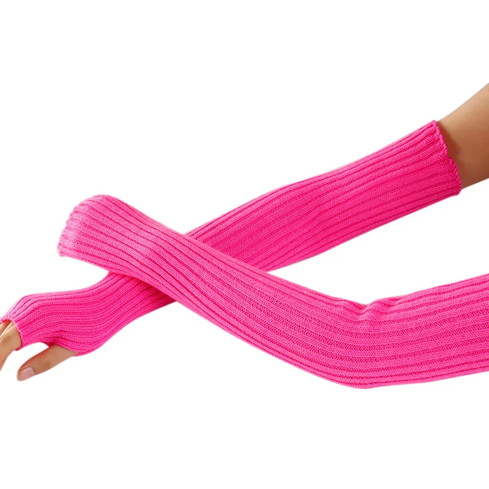 Hot Pink Женские зимние перчатки, длинные вязаные перчатки без пальцев для женщин, Элегантные Перчатки, одноцветные теплые перчатки, новинка - Цвет: Hot Pink