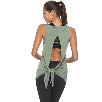 

2019 Tracksuit Top Women Sexy Open Back Sport Solid Shirts Tie Workout Racerback Tank Tops Gym Woman Fitness