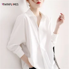 

TWINFLAMES Women's Blouse Long Sleeve White Shirt Office Casual Single-Breasted Lazy Elegant Tops Female Shirts Coat Cardigan