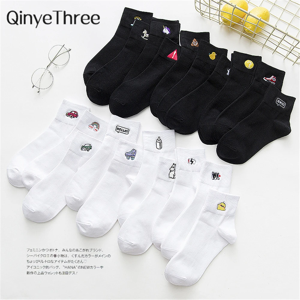 Women Socks Autumn Winter New Cotton Embroidery Cartoon Black White Tube Ladies College Wind Personality Casual Sports Sock