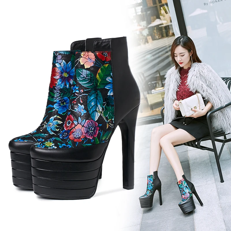 

Super high heel genuine leather boots round toe thick waterproof platform 15cm unique art fashion women's boots winter shoes