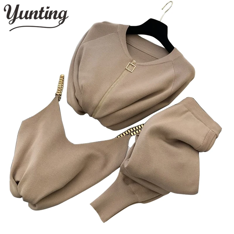 

Женский трикотажный костюм из трех предметов, длинный кардиган + жилет + брюки, комплект из трех предметов, модная зимняя одежда, 2024