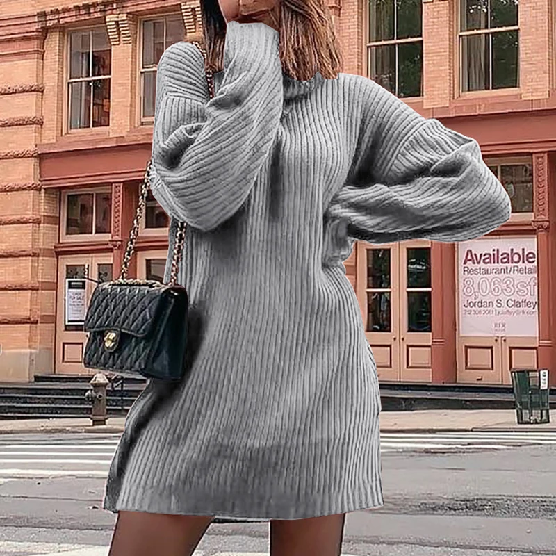 Gray (no belt) Elsvios Casual Rib Knitted Sweater Dress Winter Warm Turtleneck Mini Dress Women Autumn Long Sleeve Pullover Party Dress Vestido - Цвет: Gray (no belt)