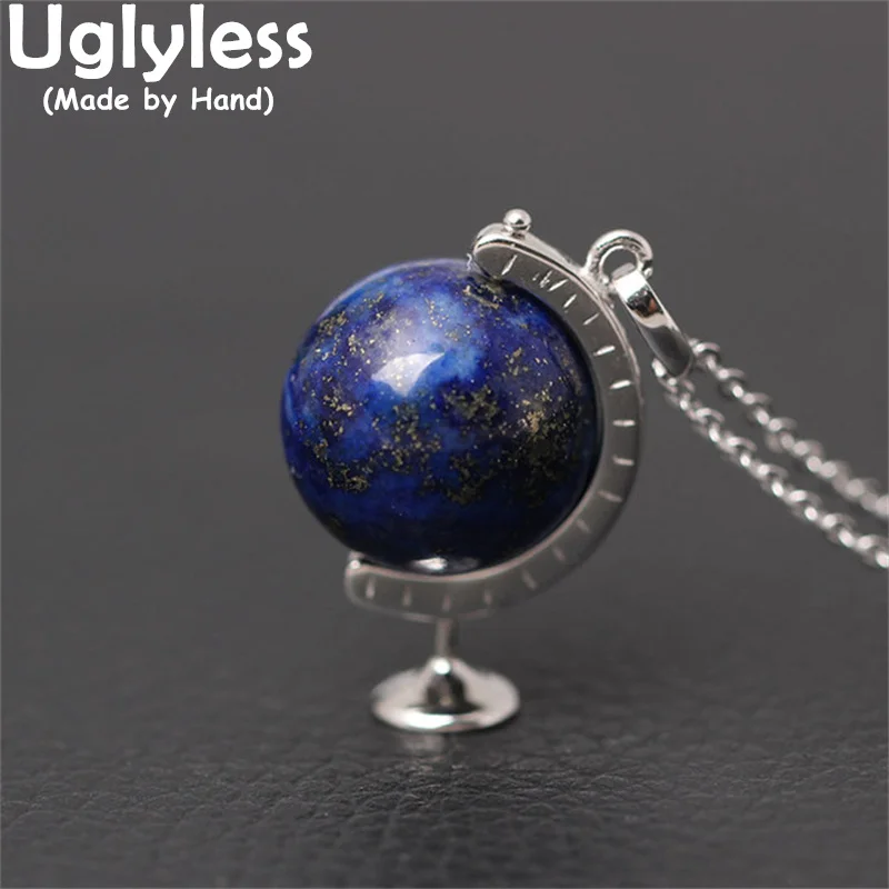 Uglyless Real S925 Sterling Silver Lapis Globe Pendant for Women Geography Necklace with Chain Jewelry Rotating Opal Ball Bijoux | Украшения