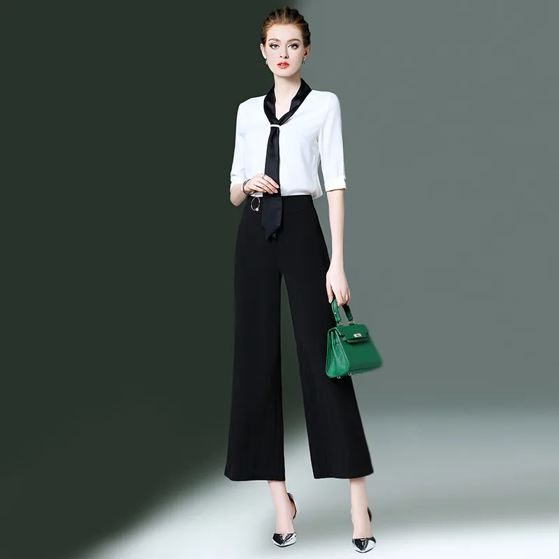 

Fashion Ladies Business Work Suits Half Sleeve White Blouse + Black Wide Leg Pants Elegant Women Formal 2 Piece Pant Suit