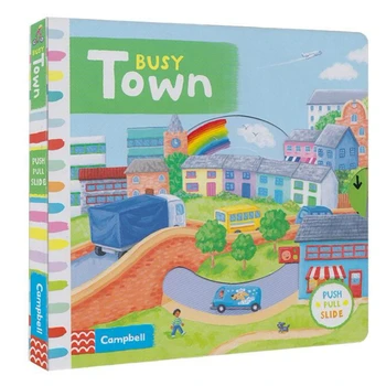 

Campbell Busy Town Push Pull Slide Movable Mechanical Book English Picture Flap Board Book Baby Infant Kids Early Education Toy