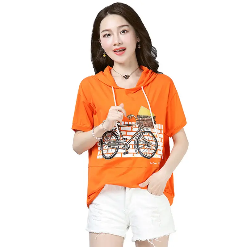 

Short Sleeve T - Shirt Women 2021 New Summer Clothing Hoodie Loose Stripe Hooded Top Casual Bottom Top Women Trend Hoodie
