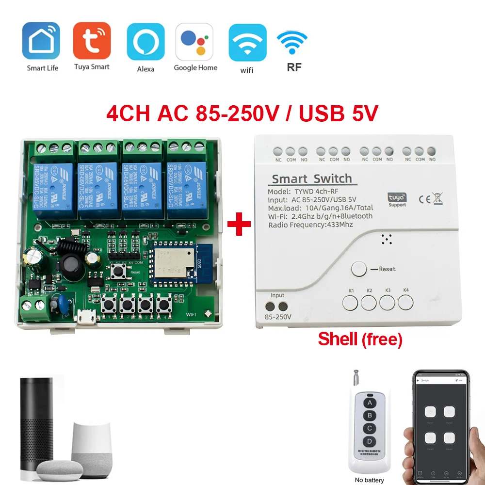 

Tuya Smart Wifi Motor Switch Module 4CH DC 5V 12V 32V RF433 Receiver Remote Control Inching Relay for Alexa Google Home