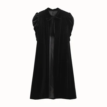 

Stylish Vintage Black Velvet Cape Coat Front Tie Neck Short Sleeve Plus Size Winter Outerwear