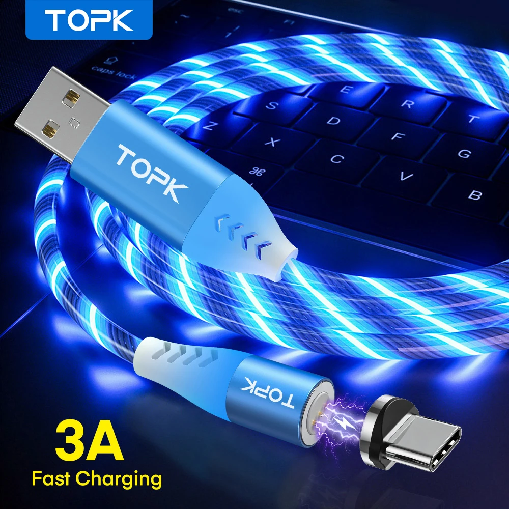 TOPK 3A светодиодный магнитный кабель Micro USB Type C для быстрой зарядки и передачи