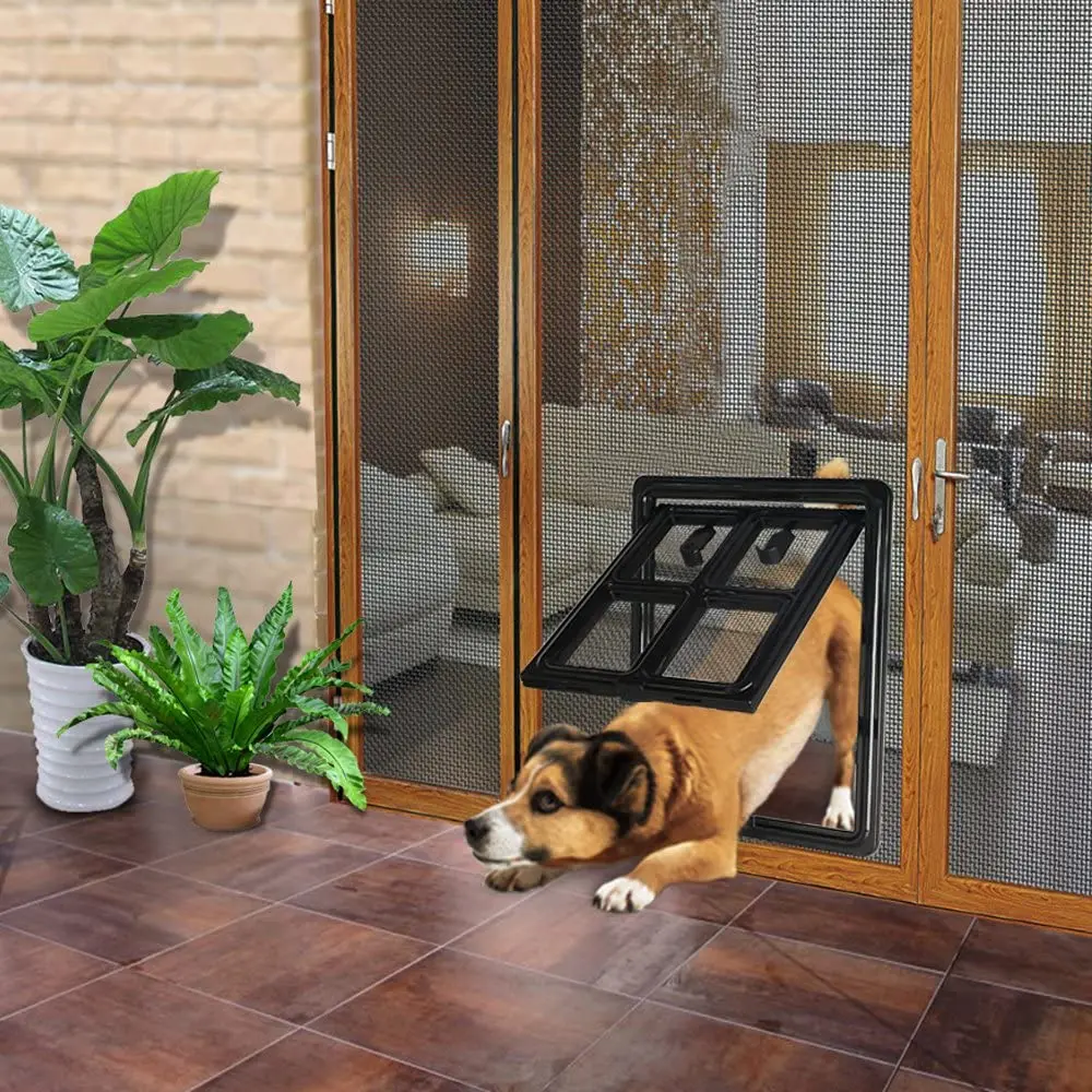 Plastic Pet Door for Screen Door Protector Dog Sliding Screen Doggy with Flap Automatic Close Lockable Cat Gate