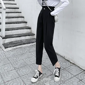 

New 2020 Korean OL Style Loose Harem Women's Pants High Waist Button Elegant Office Lady Ankle-Length Pants Female Pockets