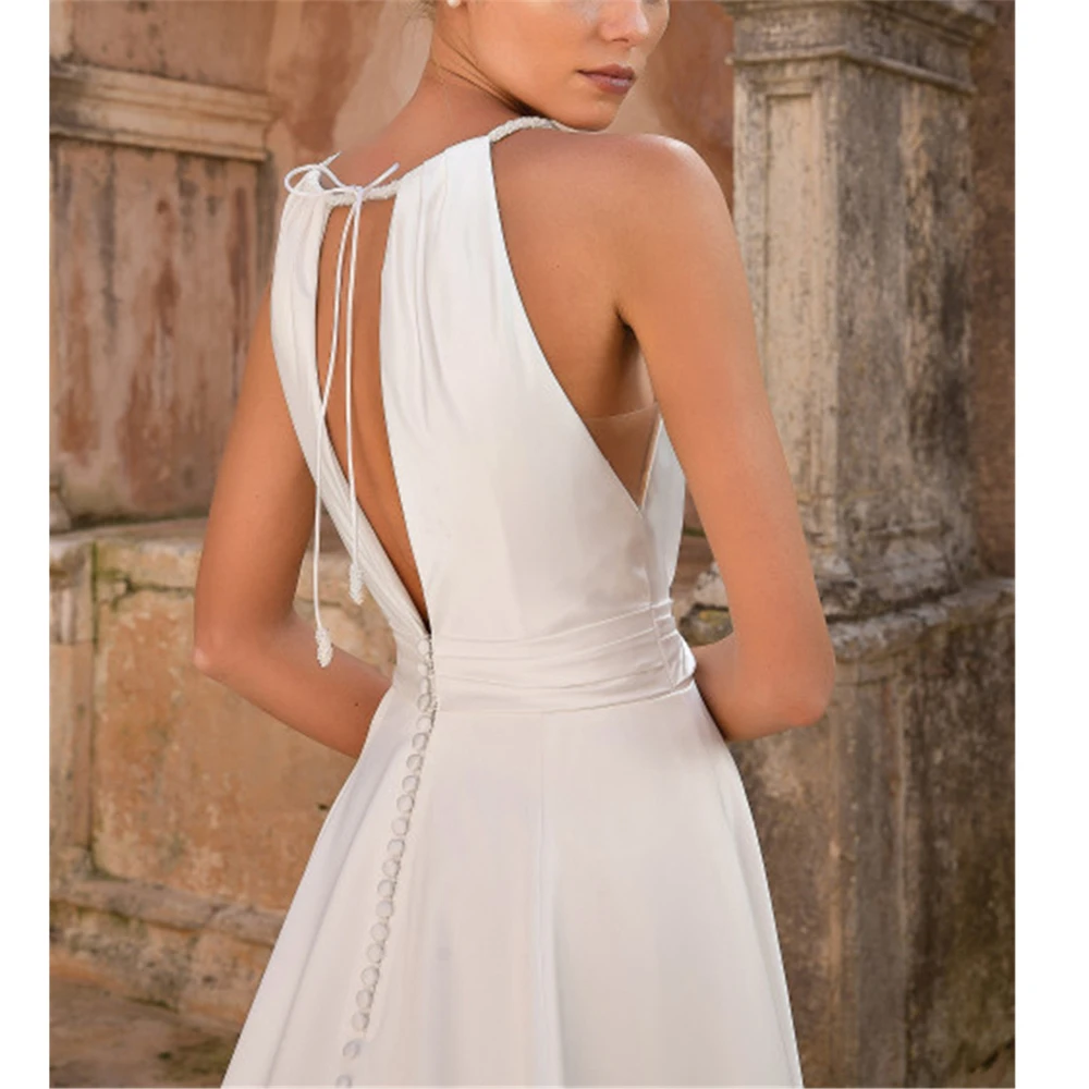 Dreamy белый атлас Vestido De Novia Brillant глубокий v-образный вырез сексуальная молния с пуговицами без спинки Spahetti ремни свадебные платья