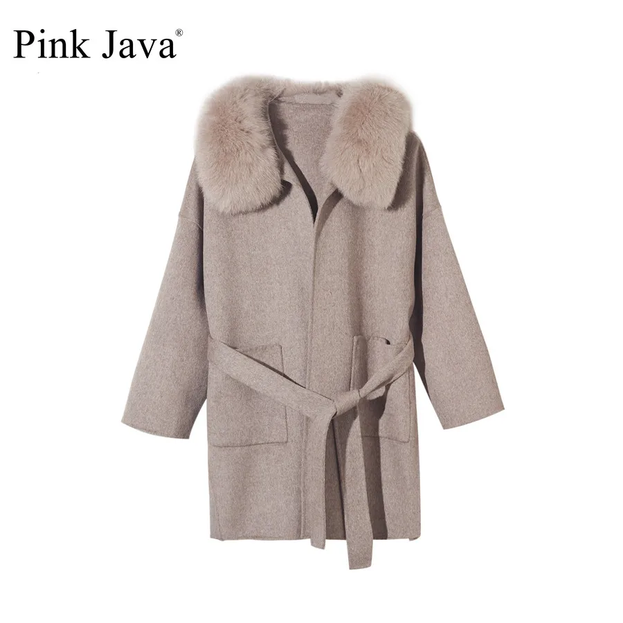 KHAKI Розовое java QC19055-1 Новое поступление, горячая Распродажа, Воротник из натурального Лисьего меха, шерстяное пальто, пальто, большие размеры, Женское пальто, модная - Цвет: KHAKI