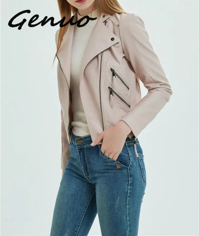 

Genuo New Brand Jacket Women PU Soft Leather Jackets New S-XXL 2019 Ladies Slim Zippers Motorcycle Coat Pink/ White for Woman