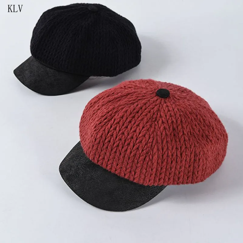 Womens Winter Knit Patchwork Baseball Cap Contrast Color Classic Painter Octagonal Beanie Beret Hat with Visor