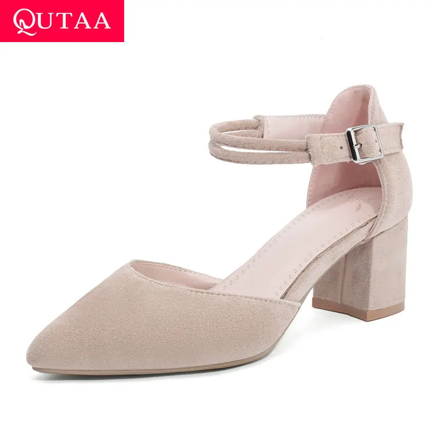 

QUTAA 2020 Pointed Toe Buckle Women Sandals Square Heel Casual Ladies Shoes Flock Ankle Strap All Match Women Pumps Size 34-43