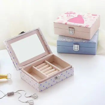 

Creative Portable Travel Jewelry Case PU with Lock Mirror Lipstick Ring Ear Stud Earrings Jewerly Storage Box