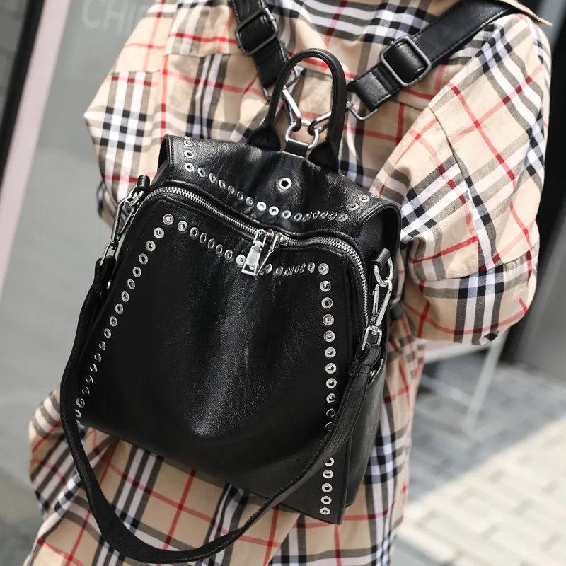 

Small Backpack New Korean Version Shoulder Bag Female Personality Tide Rivet Decoration Women's Multi-functional Travel Bag