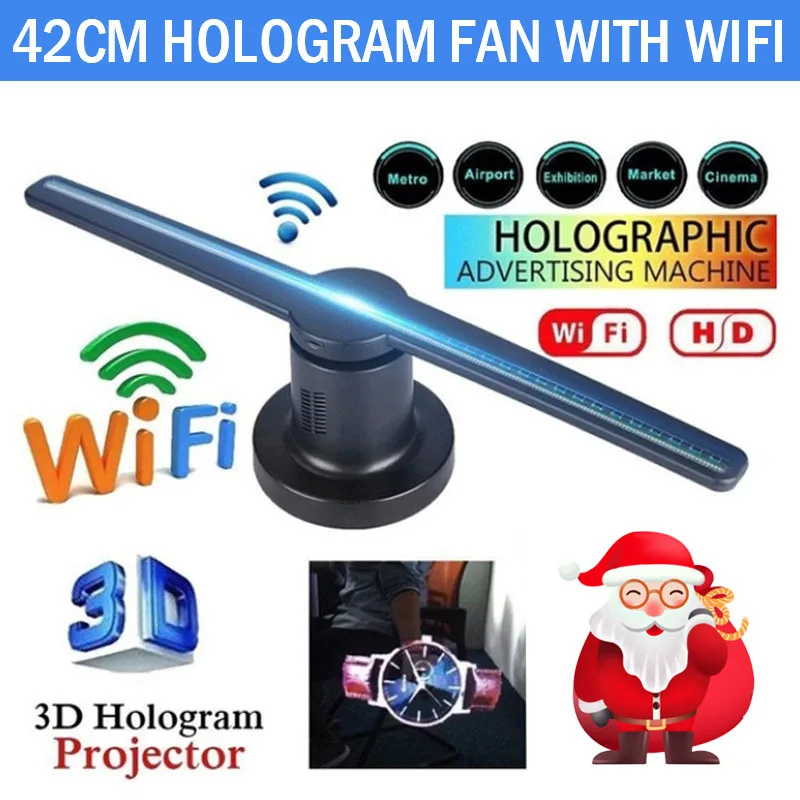 WiFi 3D Hologram Advertising Dispaly Projector Light LED Fan Holographic Imaging Lamp 3D Remote Hologram Player 42cm 16G TF