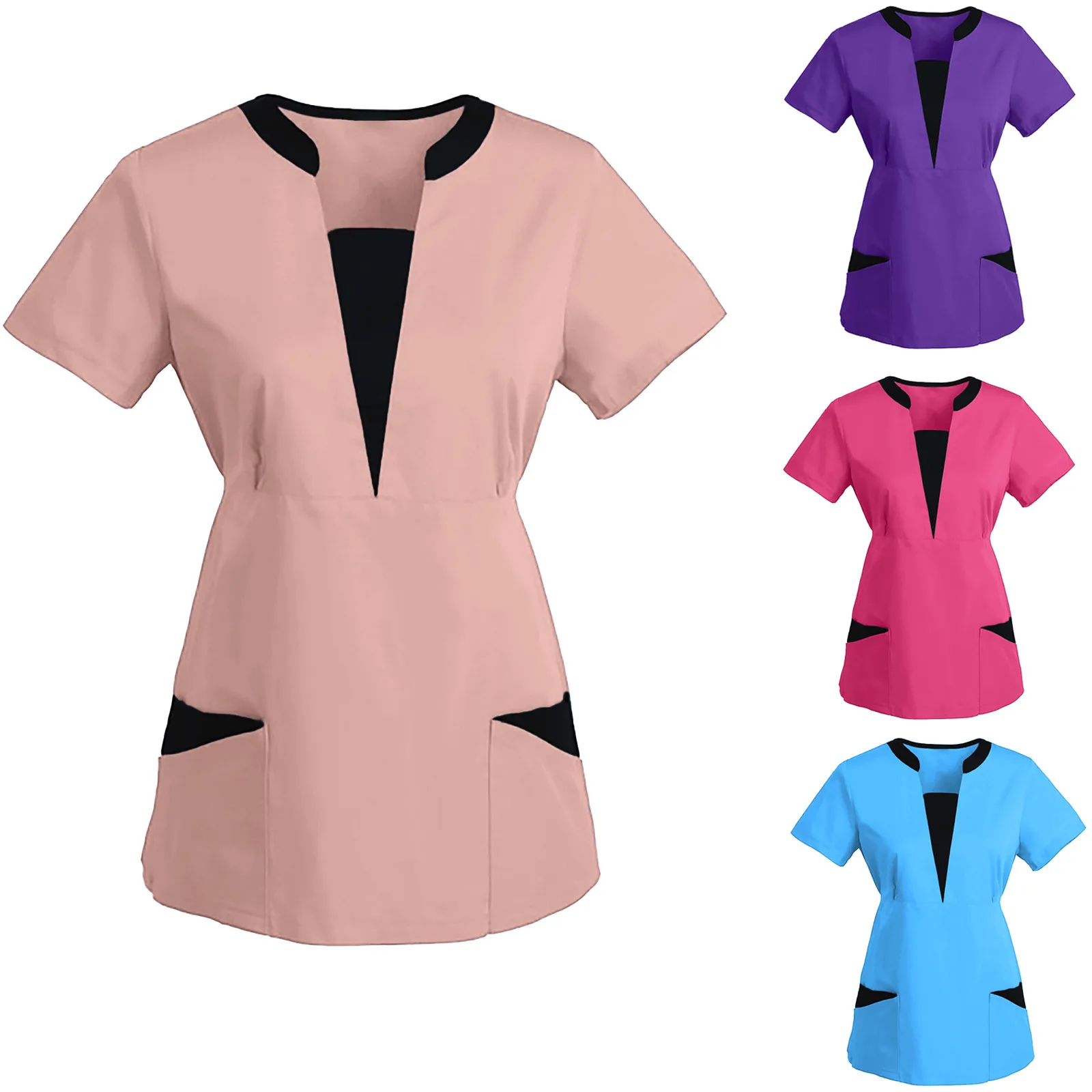 Women Short Sleeve V neck Tops Work Uniform Solid Patchwork Color