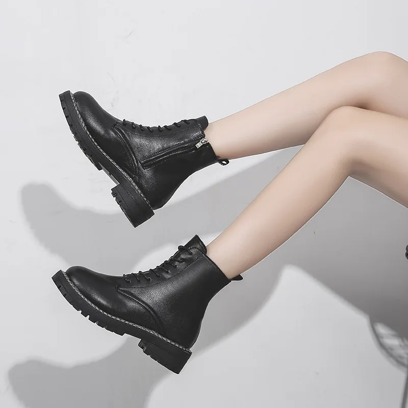 Taoffen/женские ботильоны на квадратном каблуке; черная кожаная обувь; женская офисная обувь на плоской подошве; модная однотонная обувь; Размеры 35-40