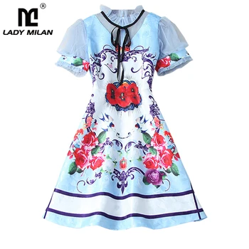 

Women's Runway Dresses O Neck Ruffled Collar Patchwork Short Sleeves Floral Printed Fashion Designer A Line Short Dresses