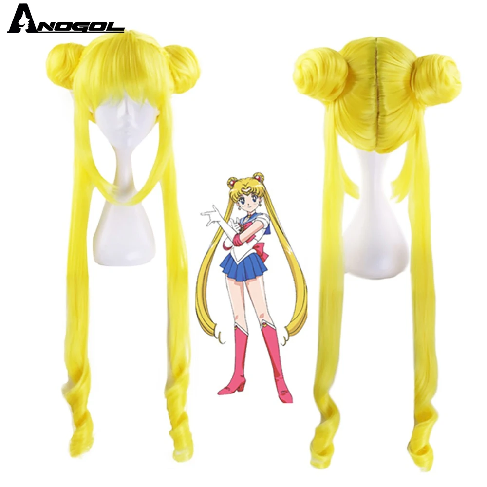 Anogolアニメ美少女戦士セーラームーンロングストレートダブル組紐レモンイエローブロンド合成コスプレウィッグハロウィンパーティーコスチューム Synthetic None Lace Wigs Aliexpress
