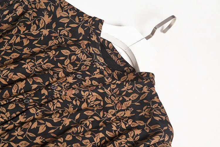 Coffee Color Leaf Printing Heavy Stand Collar Long