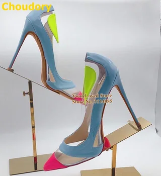 

Women Designer Pink Pointed Toe High Heels Sky Blue Neon Patent Leather Dress Pumps 12cm Transparent PVC Caged Wedding Shoes