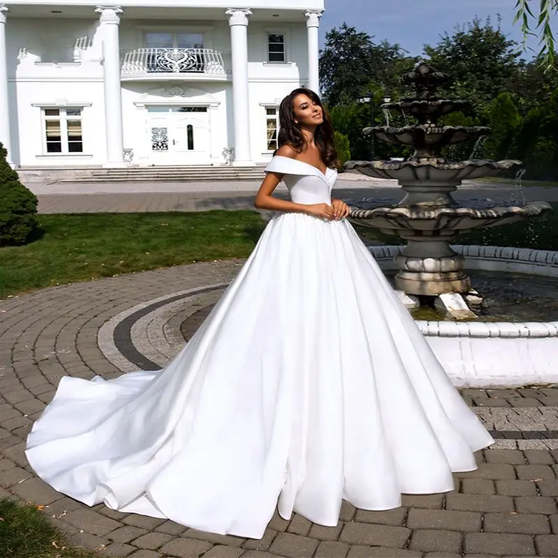 

Vestido De Novia White Elegant Satin A-Line Wedding Dress Sexy V-Neck Off The Shoulder Wedding Gown Simple Bride Dress