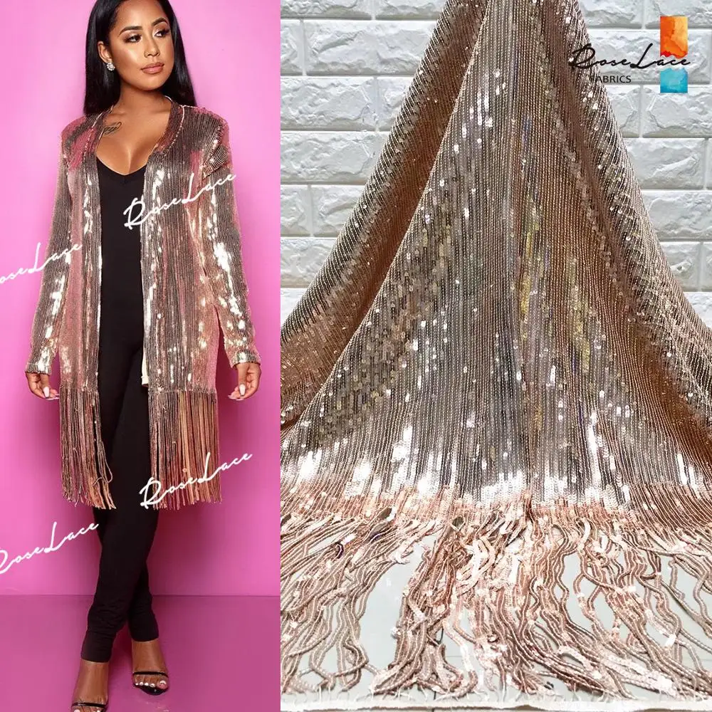 

African Champagne Gold Tassel Sequins Net Lace For Guinea Nigerian Sequined Embroidered Mesh Tulle Lace Wedding Dresses Material