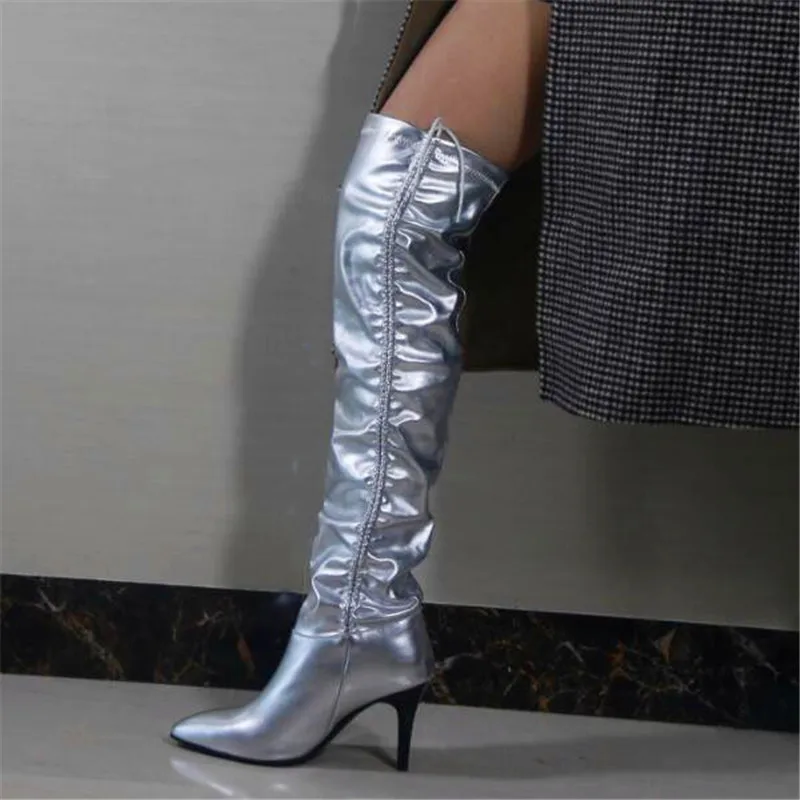 Price Fold wrinkled Knee High Boots Women Sexy Point Toe Thin High Heel slip on Long Boots T show Gold Silver booties feminina
