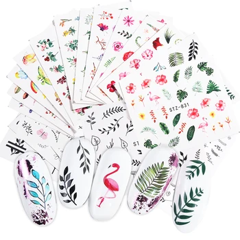 

29pcs New Nail Art Stickers Lot Black Leaf Floral Flamingo Water Decals Manicure Decorations For Nails Summer Sliders Foil TR764