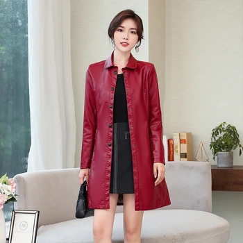 

2019 Fall Winter Women New Long PU Leather Trench Coat Windbreaker Slim Single Breasted Long Black Green Coat Plus Size M-4XL